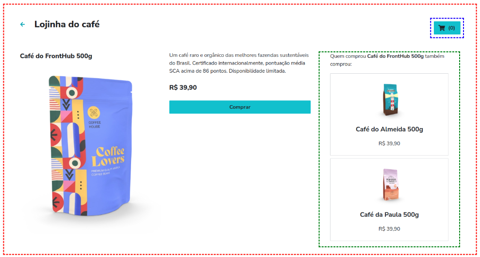 A coffee ecommerce detail page showing the fronthub coffee